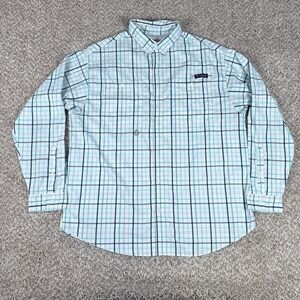 Columbia Shirt Mens XL Long Sleeve Button Down Plaid White Aqua Navy Fishing